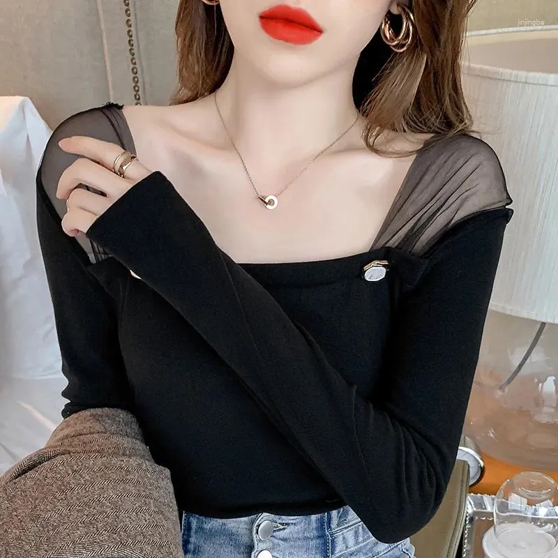 Women's T Shirts Tee Spring Korea Mesh Stitching Bottom Shirt Casual Solid Colors Clothes Full Sleeve Square Collar Streetwear 2024 Woman