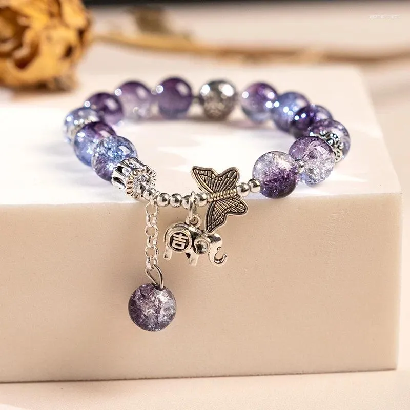 Charm Bracelets Vintage Silver Color Butterfly Pendant Elastic Bracelet Colorful Glass Beads For Women Girls Ins Fashion Jewelry Gifts