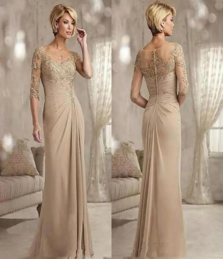Champagne Half Sleeves Lace Mermaid Mother Of the Birde Dresses with Appliques Sweep Train Chiffon Formal Evening Gowns87500353077690