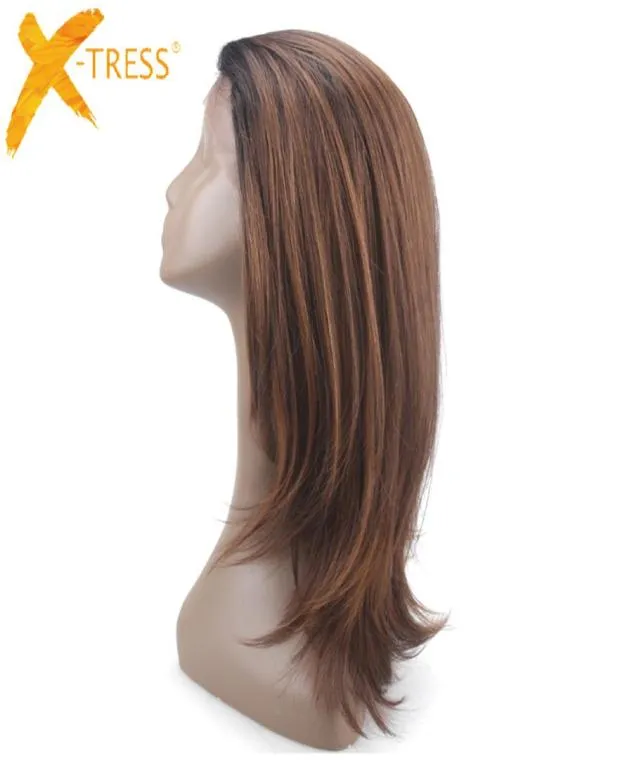 ミディアムブラウンレースフロント合成ヘアウィッグパートXSRESS OMBRE COLOR STRAIGHT LACE FRONTAL WIG WIRD BABY HAIR FOR WOMEN Y19071132105