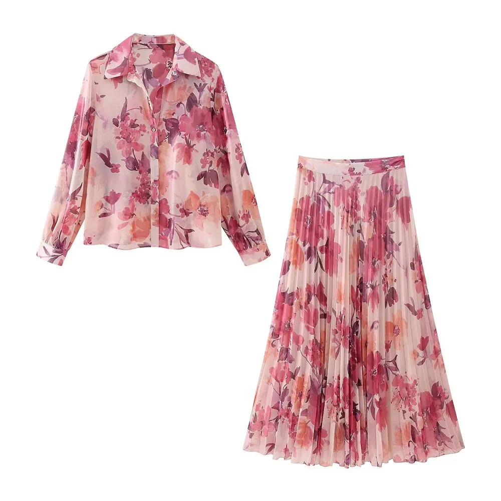 Springsummer Womens Fashion Flower Print Shirt kjol Set 240320