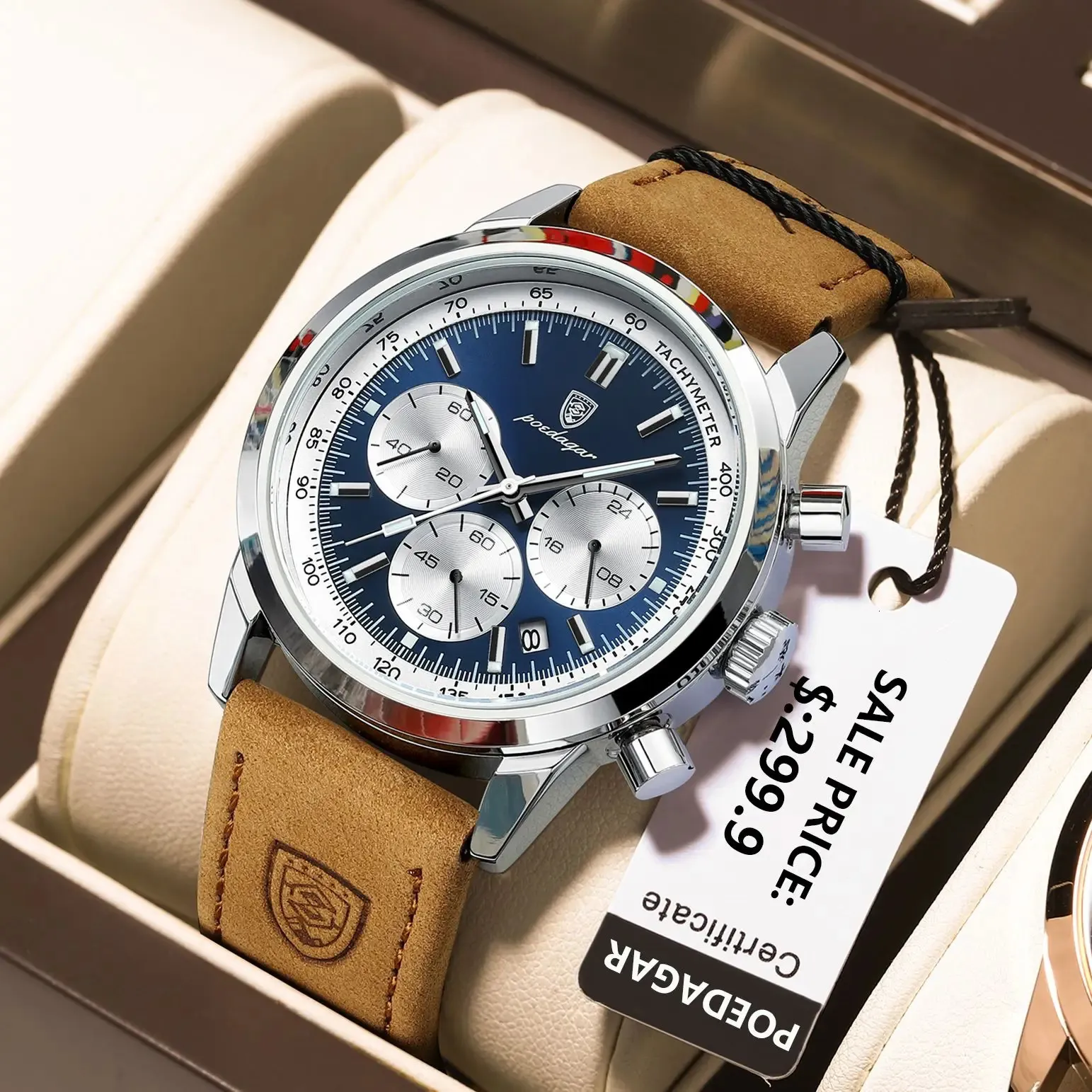 POEDAGAR Top Brand Luxury Man Watch Waterproof Chronograph Luminous Date Wristwatch For Men Quartz Leather Mens Watches Sprots 240318