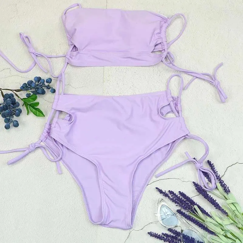 Mulheres Swimwear 2024 Verão Senhoras Biquíni Sexy e Charmoso Cor Sólida Cordão Swimsuit Beach Party Maduro Beleza Roxo Três Pontos