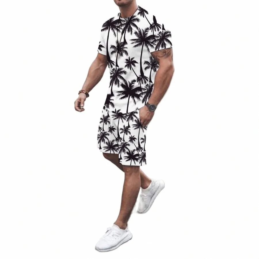 summer Beach Men Set Short Sleeve T Shirt Shorts 2 Piece Suit Cocut Tree Print Hawaiian Casual Clothing Vacati Outfits 15sE#