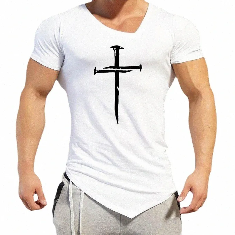 Persalizado Cruz Impresso Mens Fi Oblique V-Neck Slim Fit Manga Curta T-Shirt Mens Casual Irregular Hem Fitn Camisetas i0d3 #