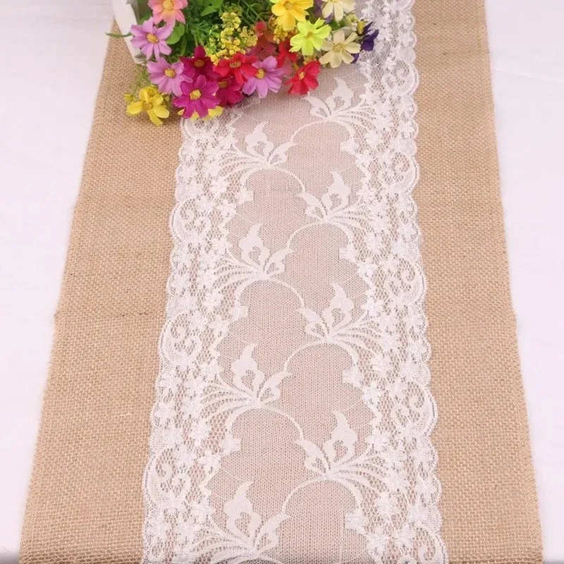 2024 Vintage Retro Burlap Linen Jute Event Party Supplies Grass Wedding New Year Cloth Tablecloth Christmas White Lace Table Runner