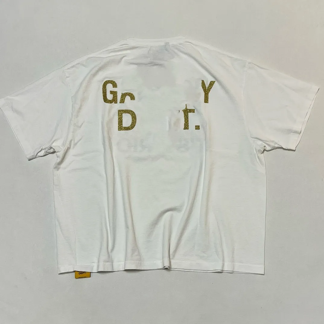 Falection Mens 24SS GD VINTAGE L.A. RIOTグラフィックゴールドグリッターコットンTシャツGD DEPT