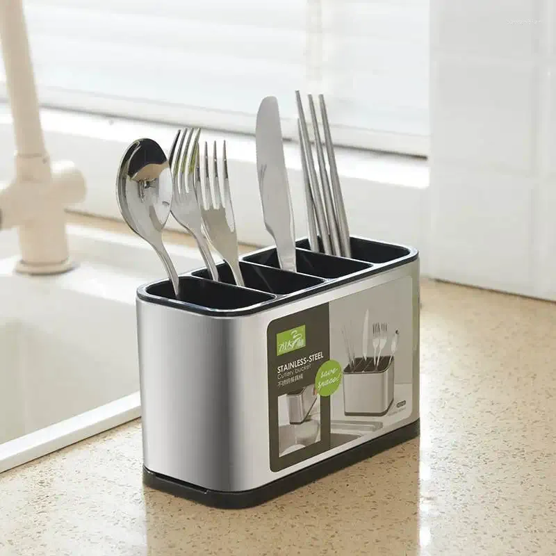 Küchenaufbewahrung, Besteckhalter aus Edelstahl – Utensilienbox mit Ablaufschale, Organizer für Geschirr