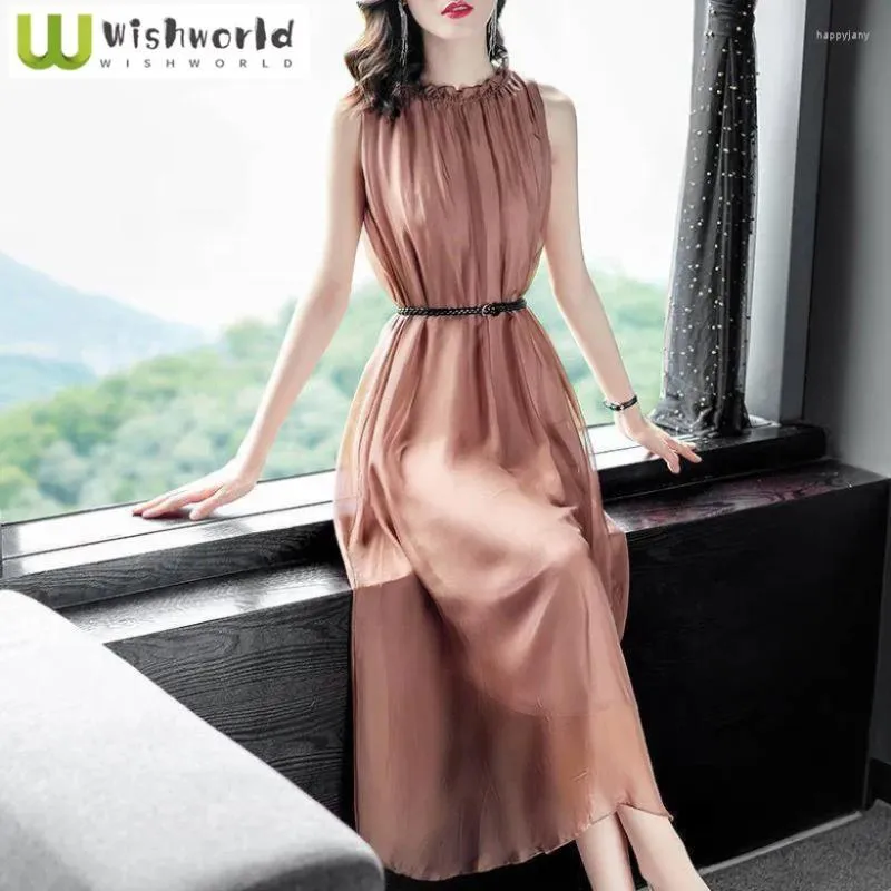 Casual Dresses Solid Color Chiffon Dress for Women's Summer Waistband Style Slimming Mid Length Reduced Age Vest Kjol