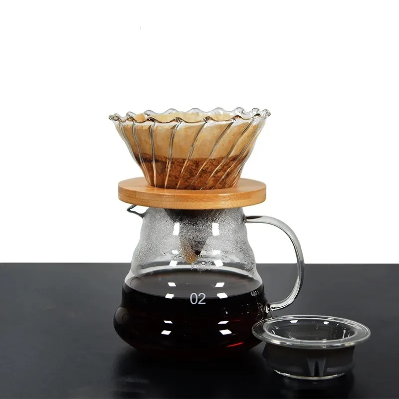 Kaffe Dripper V60 Glass Tratt Dropp Coffee Maker V01 V02 Filter Transparent återanvändbar Häll över bryggningskoppen med trähållare