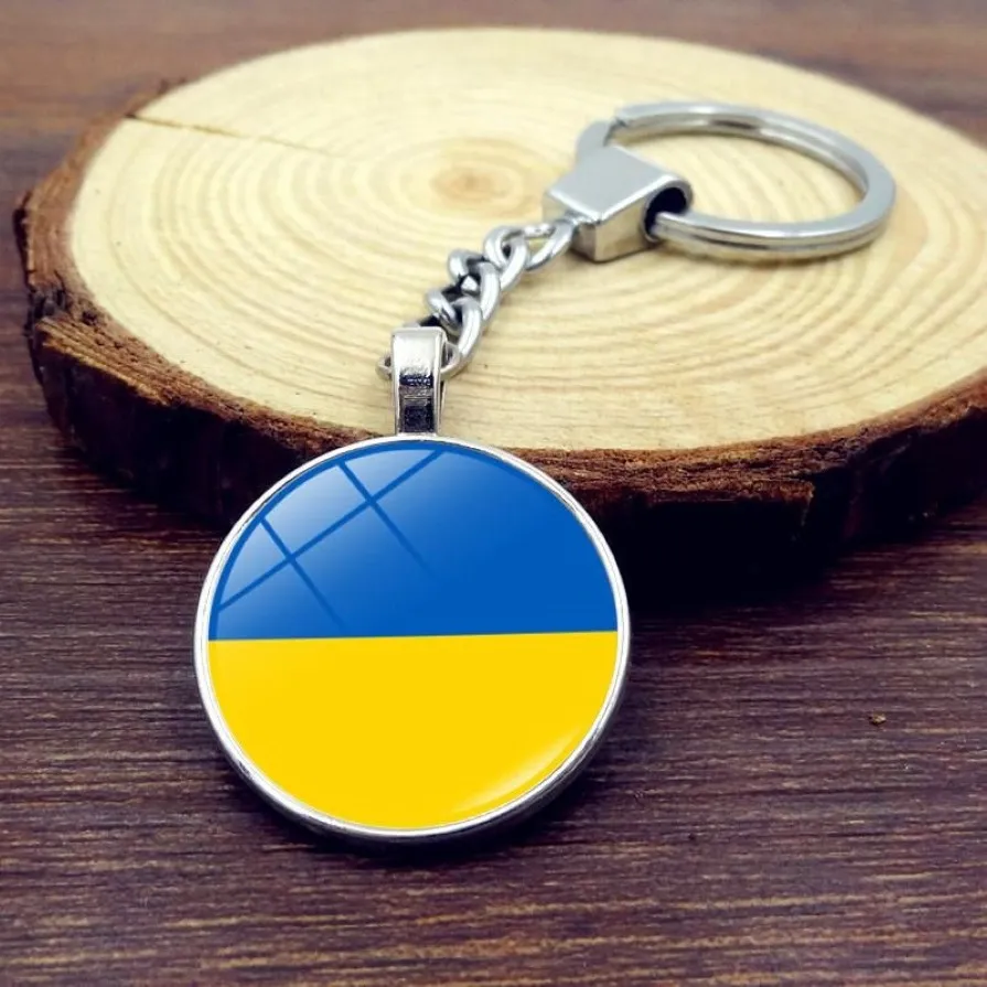 سلاسل المفاتيح العلم أوكرانيا الزجاج كابوشون بسلسلة المفاتيح الإكسسوارات الأوكرانية الوطنية الرمز المعدني كيريش كيس حامل سحر للنساء 260H