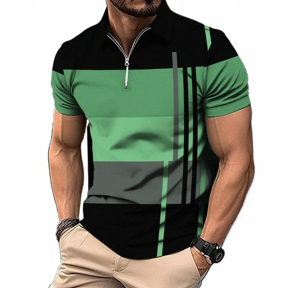 Polo zippé pour hommes 3D Stripe Print Fi Vêtements Summer Busin T-shirt décontracté Polo pour hommes Zip manches courtes Street Top n8AW #