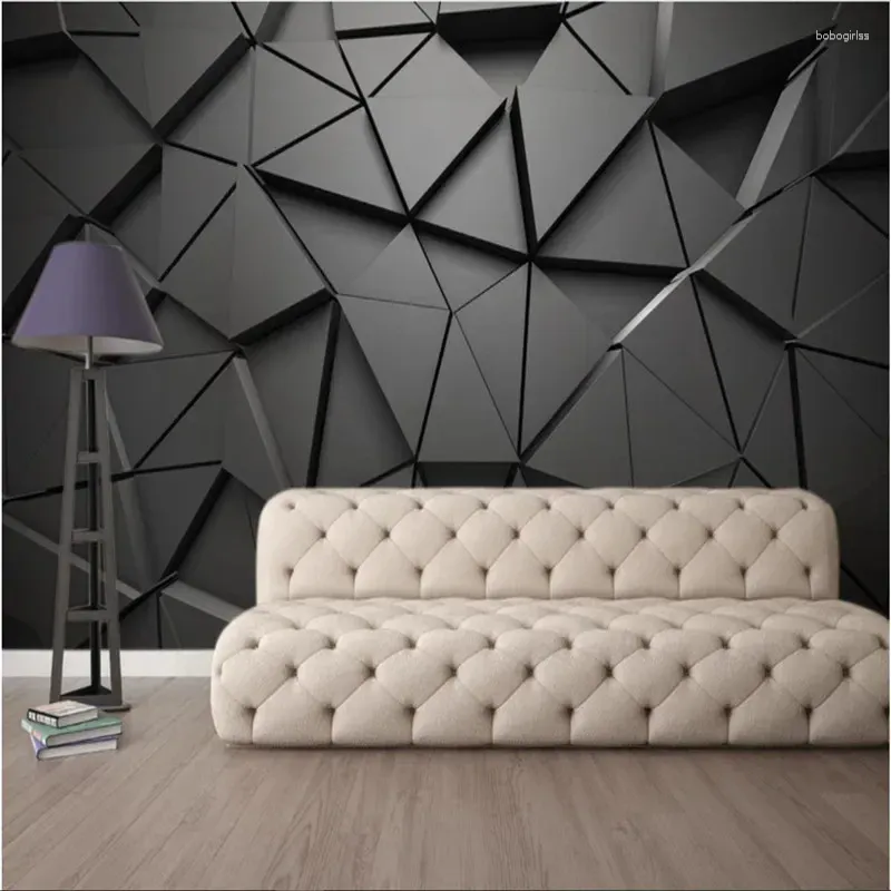 Fonds d'écran Moderne Luxe 3D Stéréoscopique Noir Géométrique Triangle Mural Pour Salon Bureau Décor Industriel Papier Peint