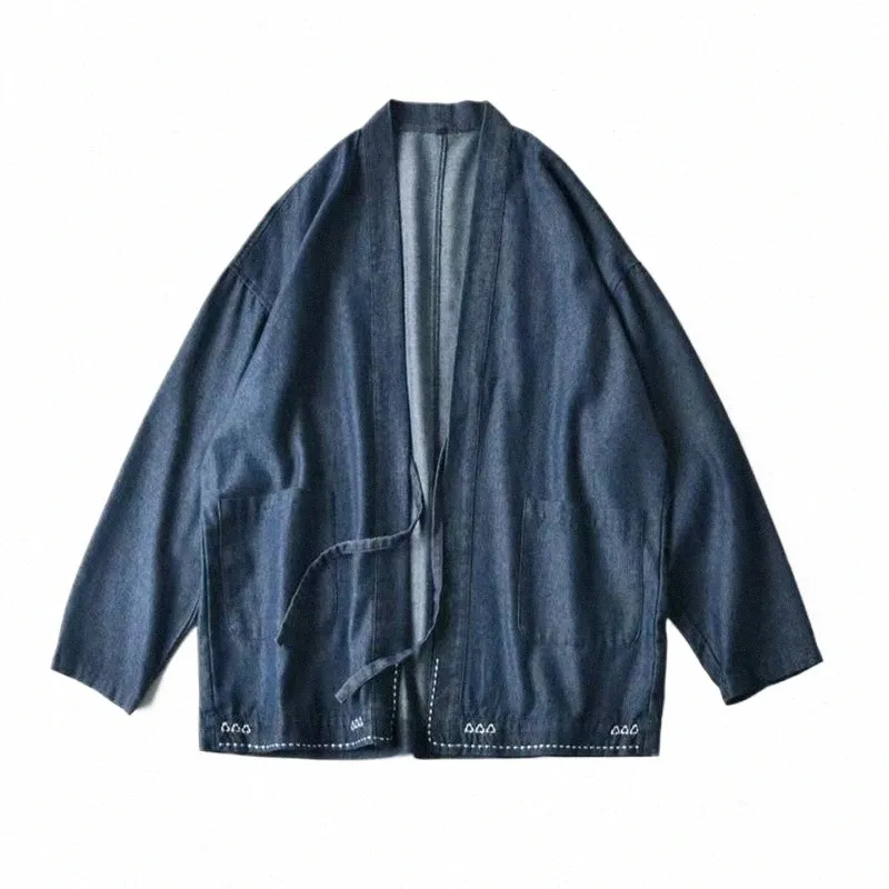 Nedre vita sömmar män denim kimo jacka stativ krage japan stil öppen spacket cott haori lg ärmar m1ey#