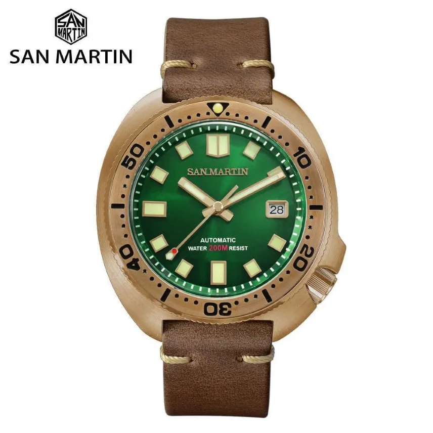 San Martin Abalone Bronze Diver Relojes Hombres Reloj Mecánico Luminoso Resistente al Agua 200 M Correa de Cuero Relojes Elegantes 210728272v