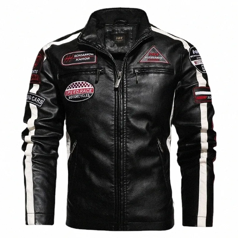 Herbst Winter Fleece Herren Motorrad Lederjacke Stickerei Racing Mantel Windjacke Outwear Kunstleder Bikerjacke V43d #