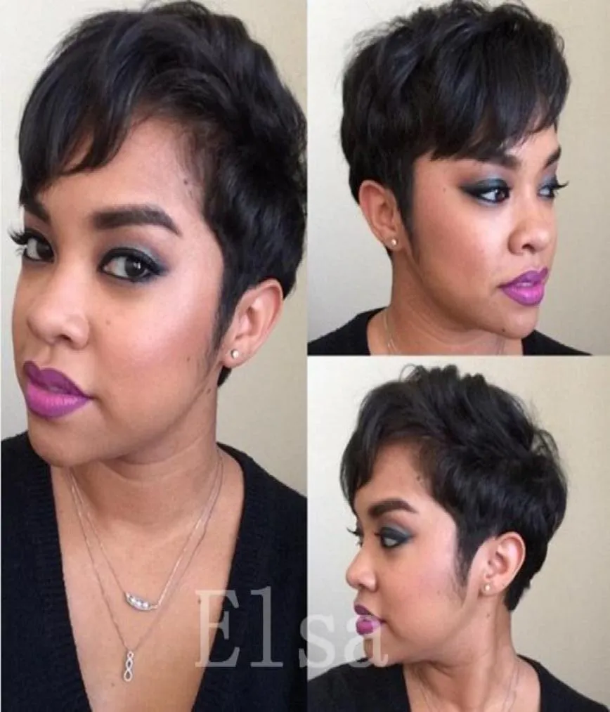 Short Natural Brazilian Hair Glueless Wig For Black Women Celebrity Humann Machine Real hair pixie Cut Wigs8610957