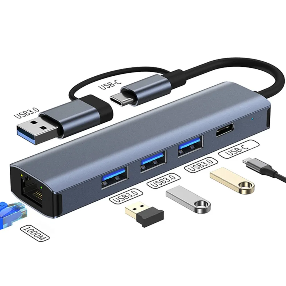 Hubs USB Ethernet -adapter 1000/100 Mbps USB3.0 HUB RJ45 LAN för bärbar dator PC Xiaomi Mi Box MacBook Windows USBC Hub Network Card