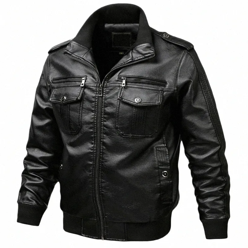 FI Motorcykel läderjacka Men Autumn Winter Faux Leather Jacket Men Windbreaker Pu Leather Coat Man Ytterkläder blixtlås upp 38nn#