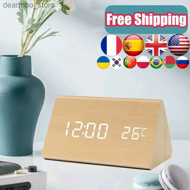 Horloges de table de bureau Horloge numérique en bois LED Réveil USB/AAA Alimenté Contrôle du son Montres électroniques Thermomètre Chambre Décoration Table Decor24327