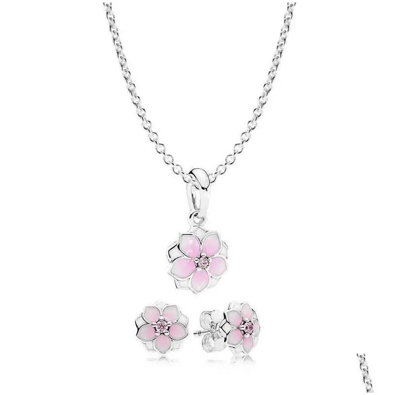 Anhänger Halsketten New Book Di 925 Sterling Silber Magnolia Bloom Halskette und Ohrring Set Fit Charm Original Frauen Schmuck A Aa220315 Dr Otpbn