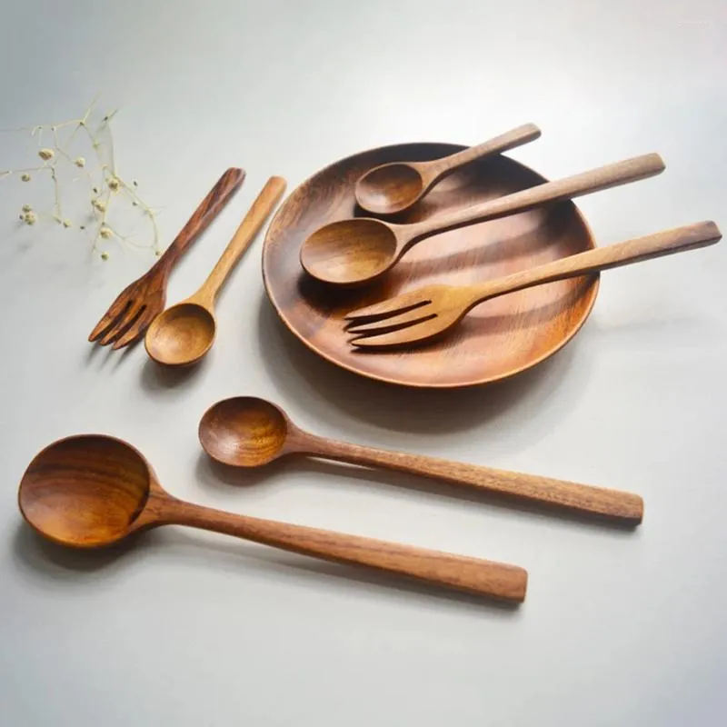 Spoons Wooden Spoon Fork Dinner Rice Soups Utensil Cereal Handmade Home Natural Safety Health Tableware Dinnerware Cutlery For Kitchen