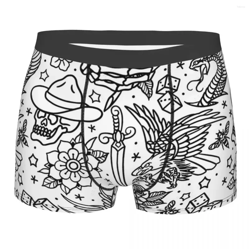 Mutande Americano Tradizionale Tattoo Flash Stampa Variante Boxer da Uomo Scheletro Teschio Osso Biancheria Intima Traspirante Pantaloncini di Qualità