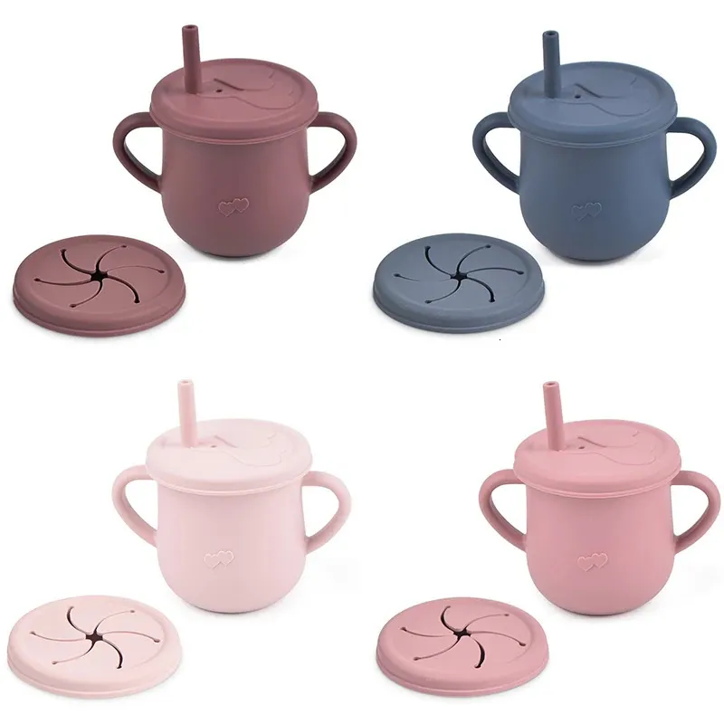 Baby Silicone Double Lids Feeding Cup med handtag Sippy BPA gratis småbarn som lär sig dricksvaror barn mjuka halmkoppar bordsvaror 240322