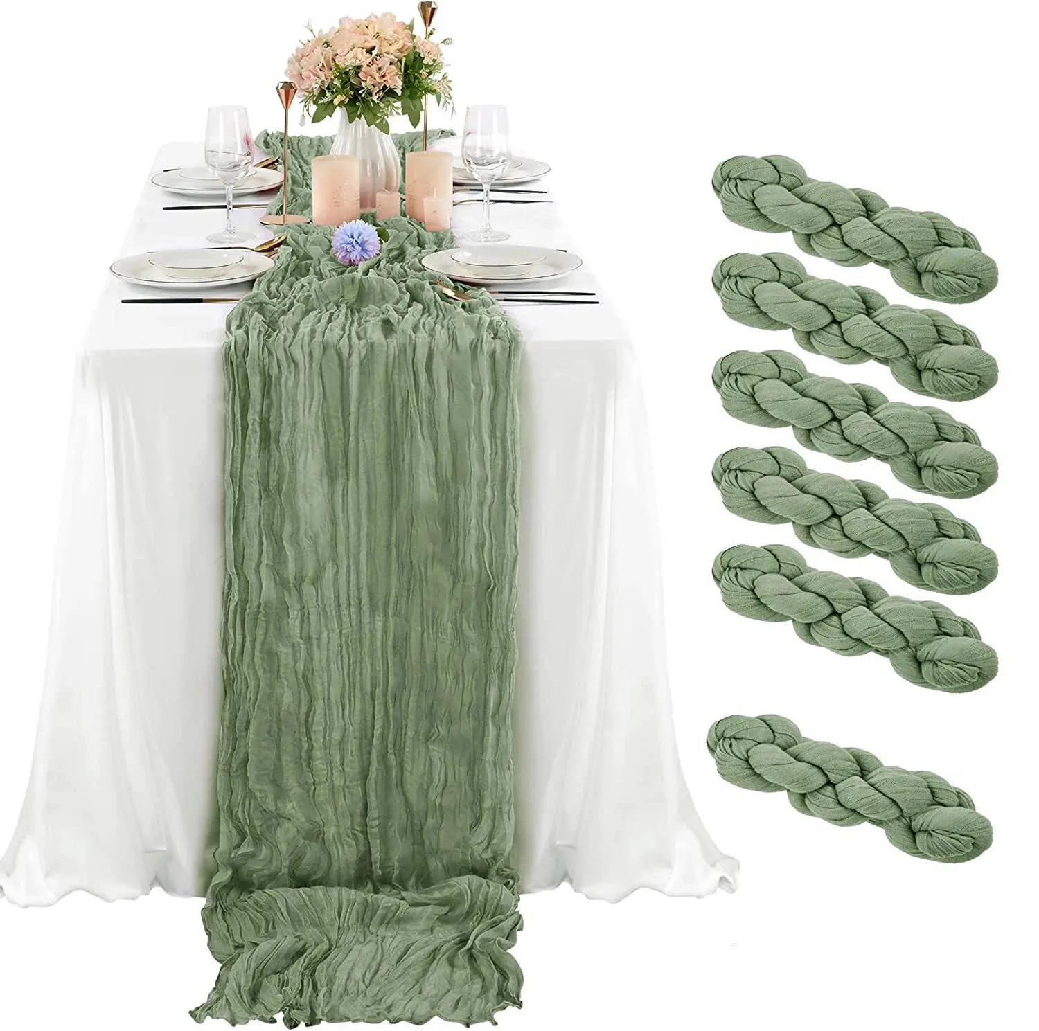 Wholesale 6pcs Gauze Table Runner Wedding Sage SemiSheer Vintage Cheesecloth Dining Party Christmas Banquets Arches Cake Decor 240325