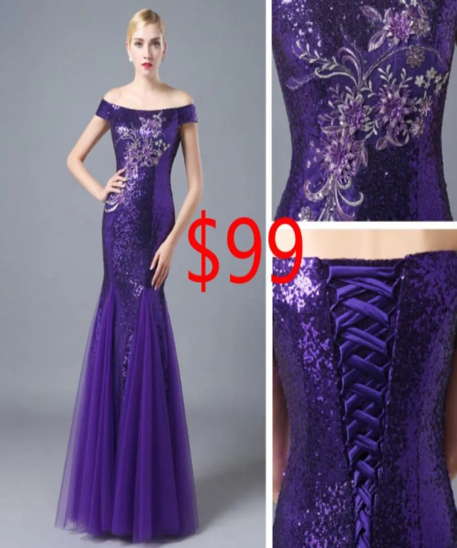 2016 Embroidery Mermaid Evening Dresses Purple Sequined Tulle arabic dresses Off Shoulder Dresses Party Evening Custom Lace Up Pro6195605