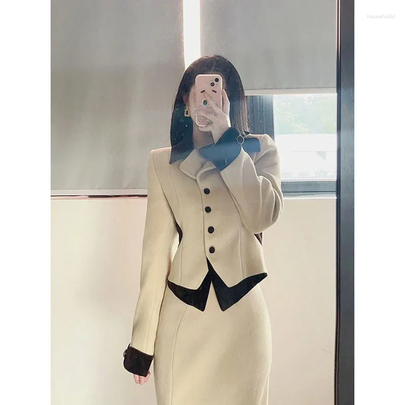 Work Dresses Korean Patchwork Woolen Jacket Hip Wrap Skirt Two-piece Set Women Bow Lapel Single Breasted Split Gentle Winter Thicken Suit