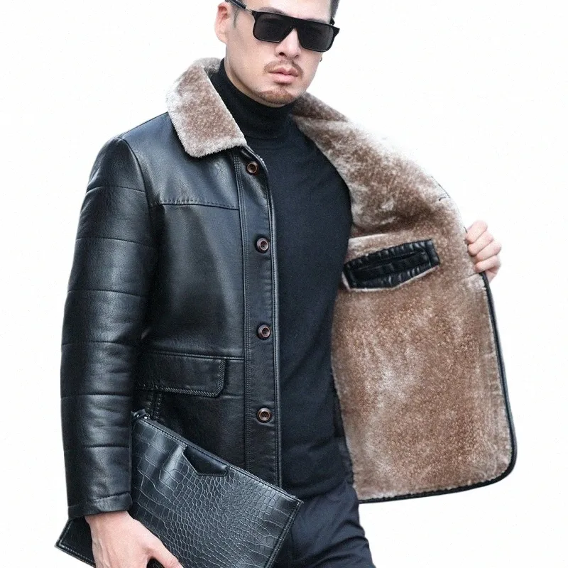 yxl-838 Natural Leather Men's Autumn and Winter Sheepskin Casual Lapel Mid Length Busin Leather Down Jacket Plus Size o4Ri#