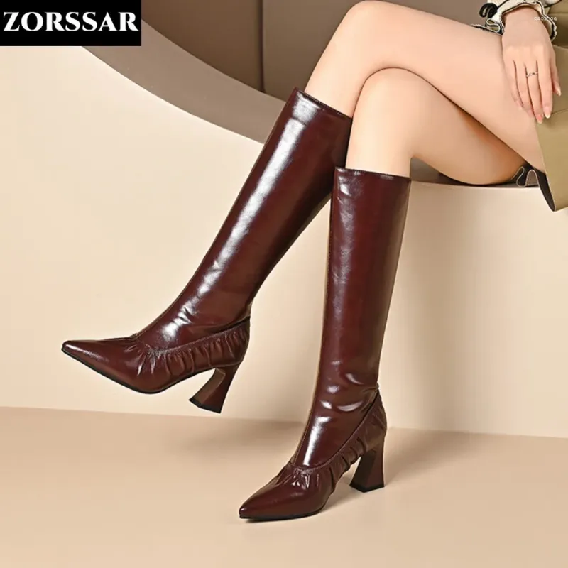 Boots Women's Tall Women Microfiber Knee High Female Zip Sexy Brown Long Ladies Pointed Toe Party Size 32-46