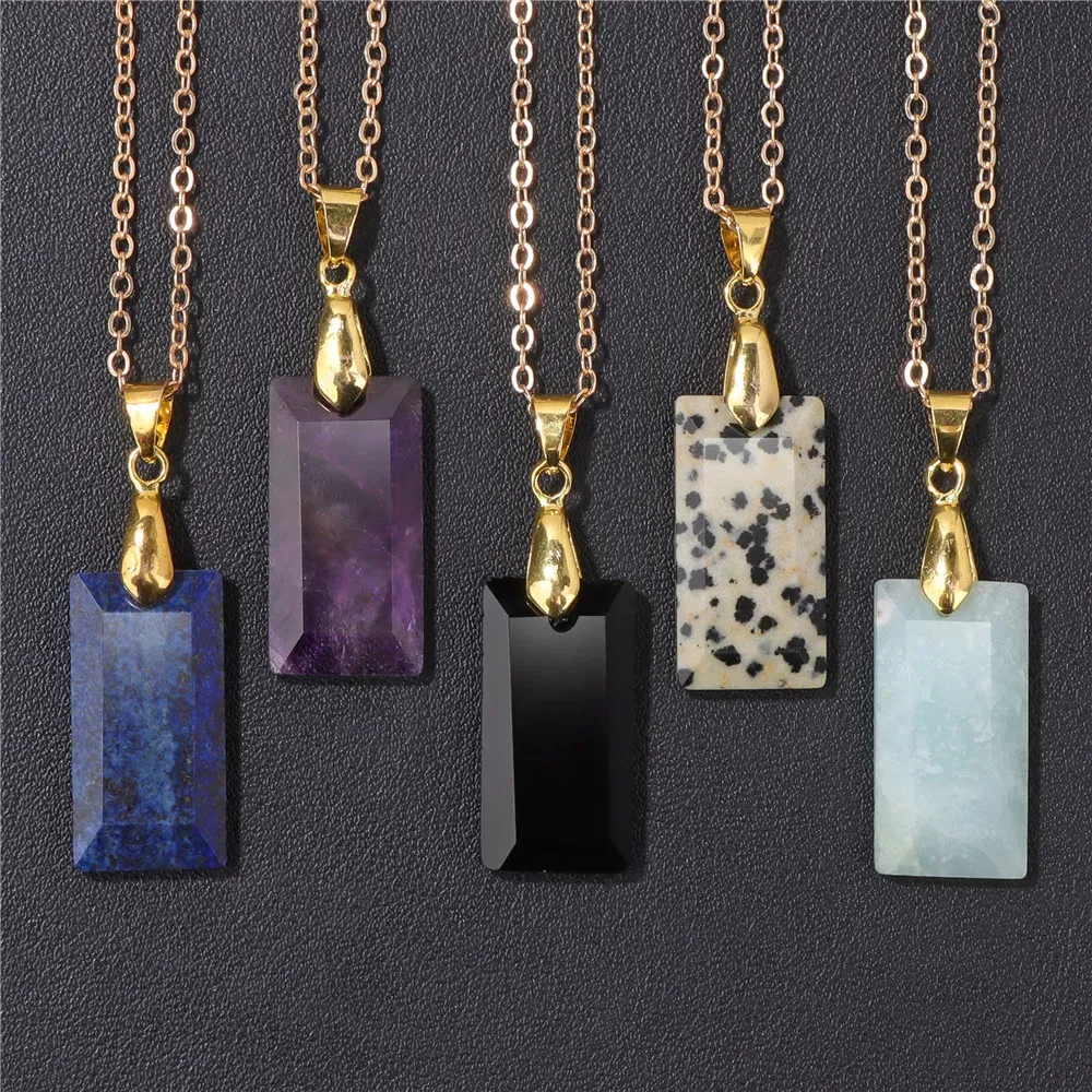 Rectangular Stone tag Pendent Necklace for Women Natural Crystal Choker Female Stone Gold Clavicle Chain Square Necklace For Men Jewelry