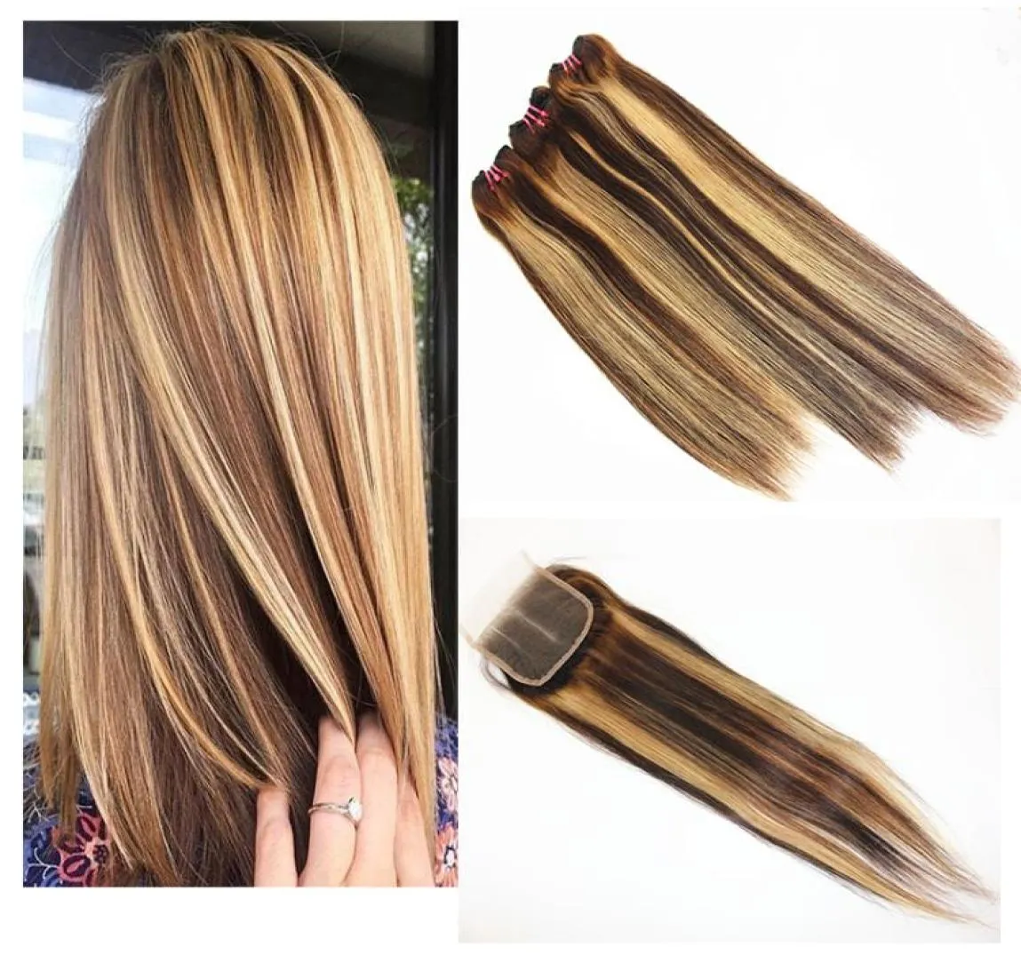 Faisceaux de cheveux raides avec fermeture de cheveux 4x4 couleur mélangée brésilienne 100 extensions de cheveux humains vierges Remy couleur 1B27 828 pouces8745104