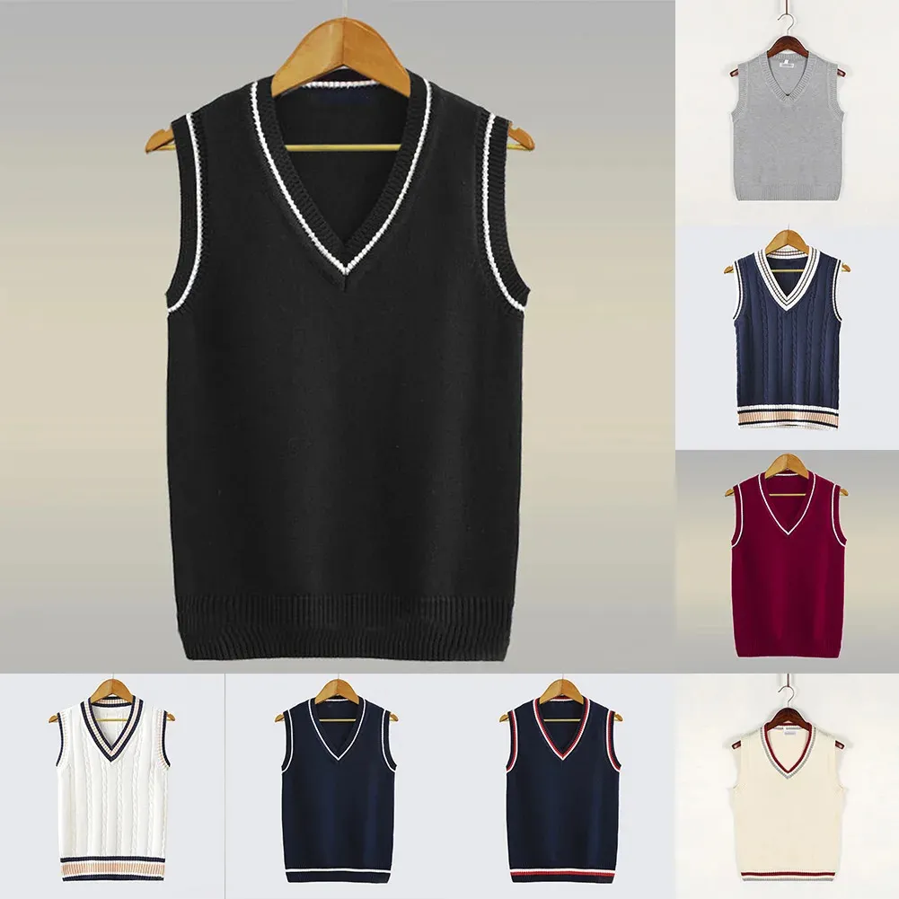 Mens Fashion Thick V-Neck Sleeveless Vest Sweater School Uniform Knitting Tops Fashion Sweater S-4XL 240320