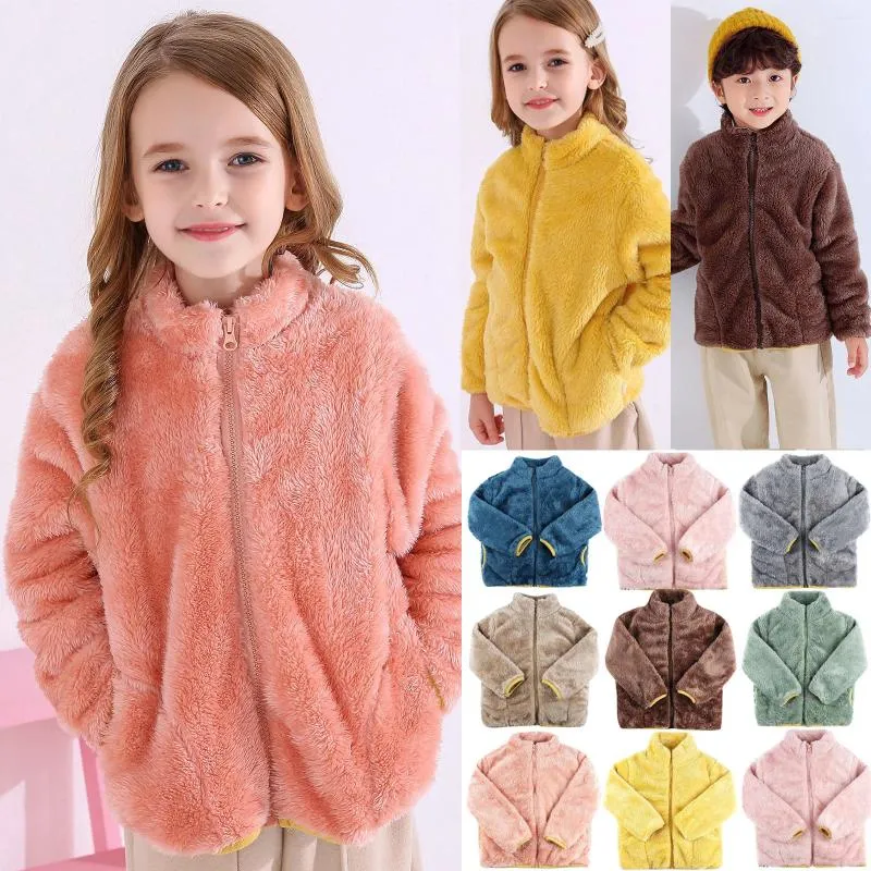 Пуховое пальто 2024, осенне-зимние плюшевые пальто для девочек, детская мягкая водолазка, верхняя одежда, сохраняющая тепло, детские куртки на молнии из кораллового флиса для