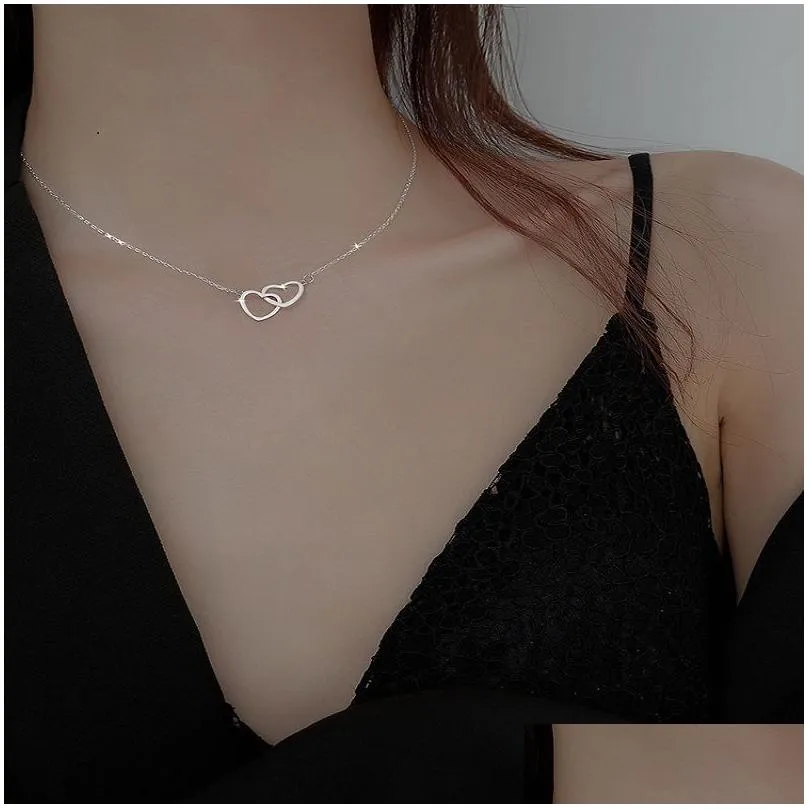 Hanger Kettingen Goud Sier Kleur Geometrische Dubbele Hart Ketting Eenvoudige Liefde Hol Vrouwelijke Sleutelbeen Keten Sieraden Geschenken Choker Drop D Otmsv