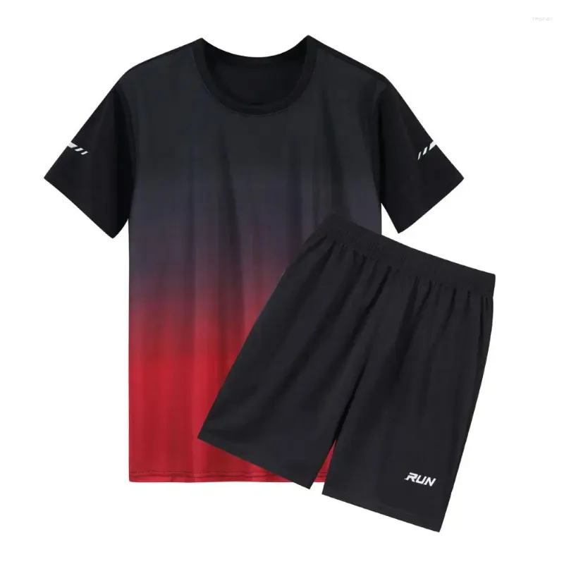 Herren-Trainingsanzüge, Herren-Sportanzug-Outfit-Set mit O-Ausschnitt, kurzärmeligen Oberteilen, weitem Bein, Shorts und Taschen, Eisseide