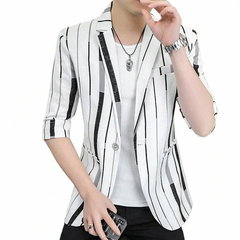 Hoo-Blazer de Media Manga Para Hombre、Ropa de Verano、A Rayas Juveniles、Ajustado、Guapo、2023 N5HS＃