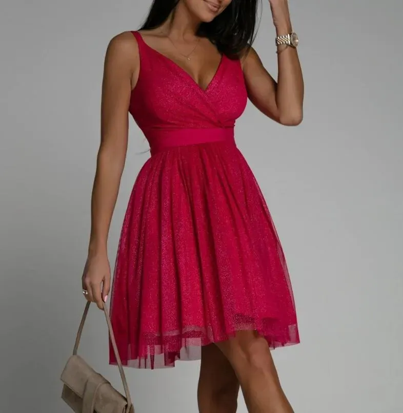 Simple Sparkling A-line V Neck Party Dresses Sweetheart Tulle Mini Homecoming Gown Robe Cocktail Femme Mariage Draped