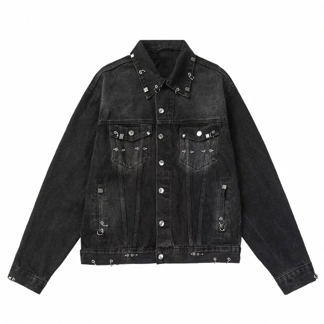 24SS nitade punktering Ring Buckle Fire Hine Head Denim Jacket E8JW#