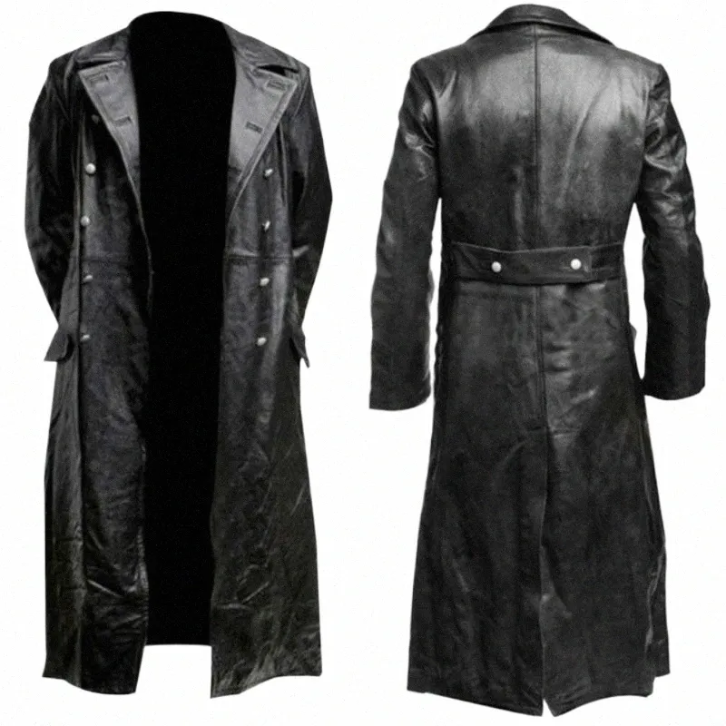 maxi giacca a vento in pelle LG per uomo Giacca in pelle doppio petto Cappotto in pelle militare per uomo 63YV #