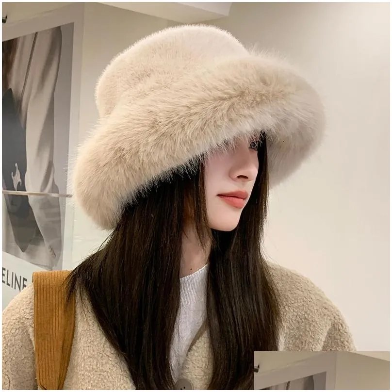 Wide Brim Hats Bucket Hats Big Fluffy Faux Fur Bucket Hat for Women Luxury Plush Fisherman Hat Warm Winter Hat Thicken Cold Snowy Day Panama Cap