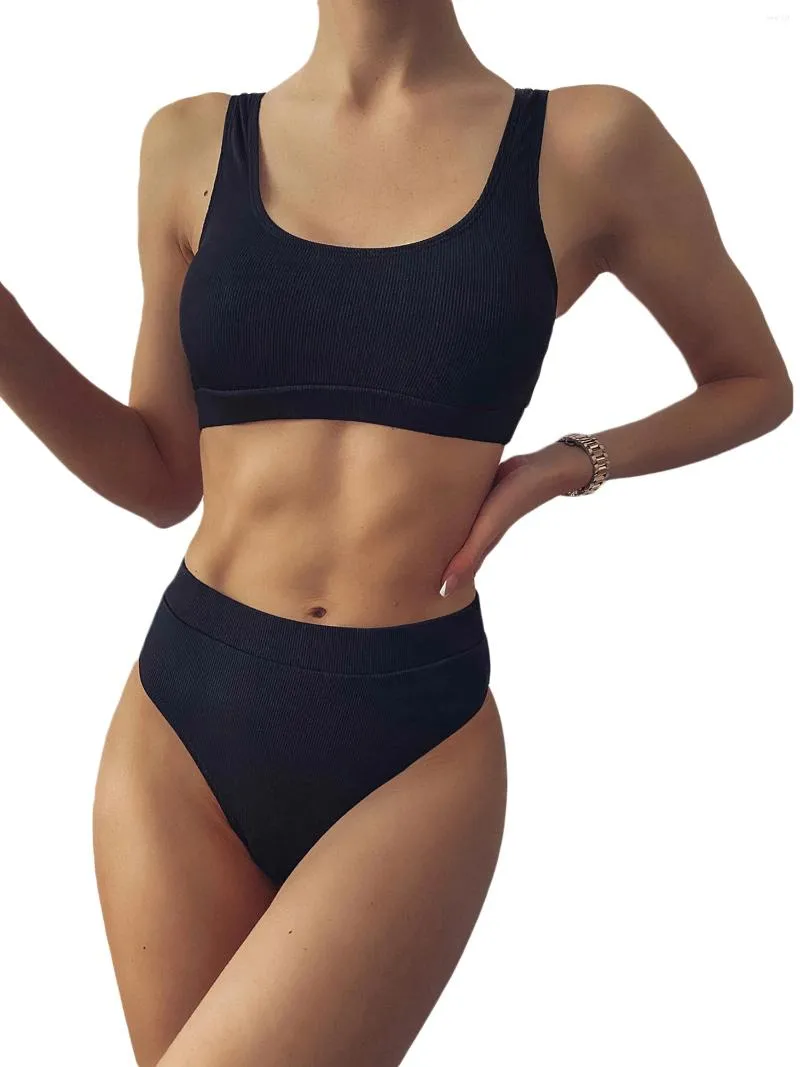 Kvinnors badkläder Tvåbit Bikini Set For Women V Neck High Maist Ribbed Swimsuit Summer Crochet Athletic Sports Bathing Suit