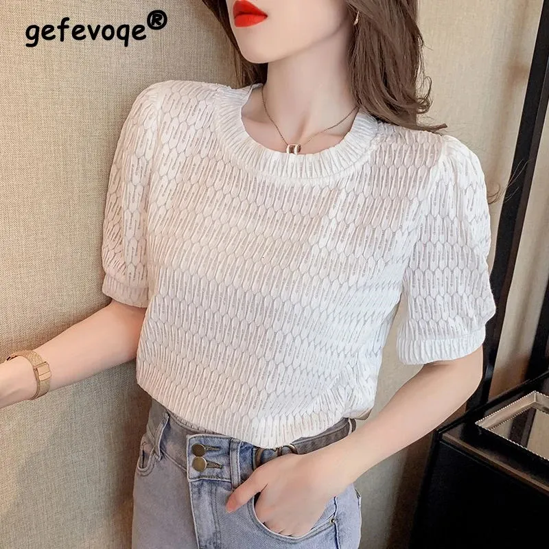 2024 Vrouwen Zomer Trendy Holle Zoete T-shirt Solid O Hals Korte Mouw Chic Tees Y2K Casual Tops 240327