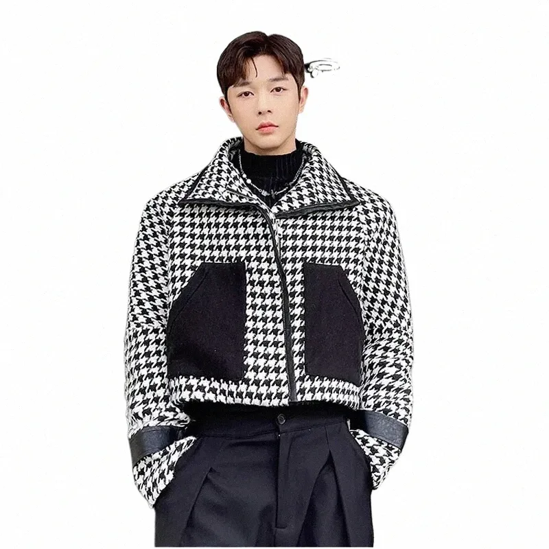 loose Casual Houndstooth Jacket Men Japan Korean Streetwear Vintage Fi Short Coat Trend Chic Jacket Outerwear Man n6Hf#