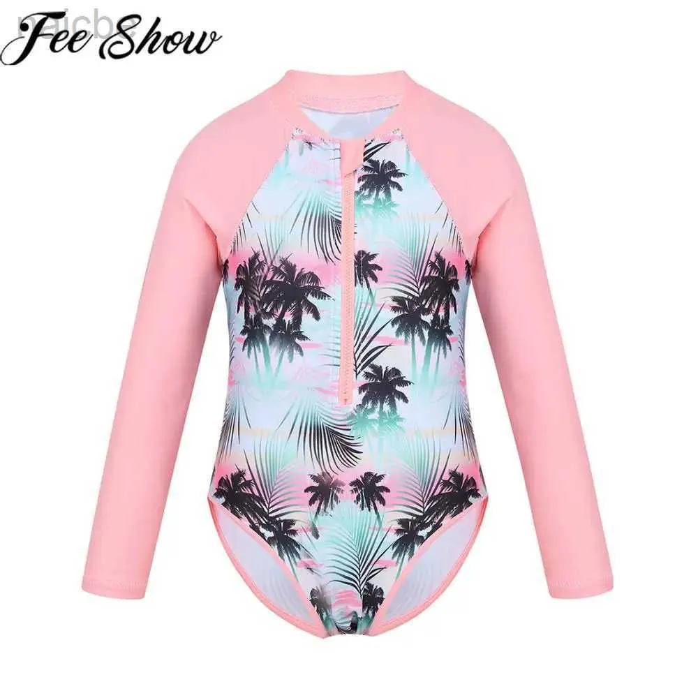 One-Pieces FEESHOW Summer Kids Girls Swimwear Long Sleeves Palm Printed Zippered Swimsuit Swimwear Bathing Suit Rash Guard Beachwear 24327