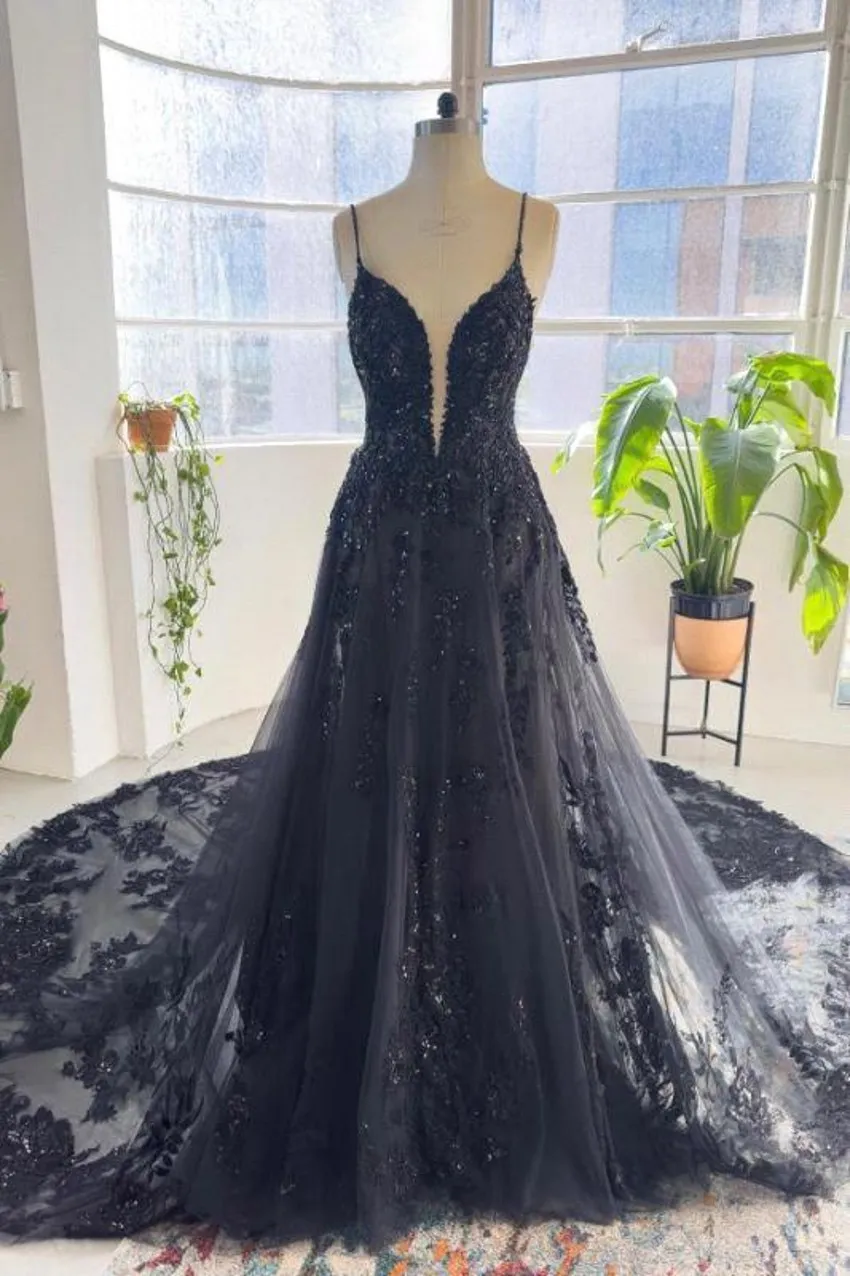 Real Image Ink Blue Lace Tulle Evening Dresess Sexy Backless Spaghetti Straps A Line Party Occasion Gowns Black Girls Prom Dress Open Back BC16466