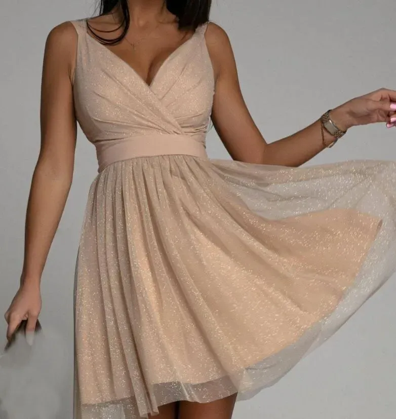 Simple Sparkling A-line V Neck Party Dresses Sweetheart Tulle Mini Homecoming Gown Robe Cocktail Femme Mariage Draped